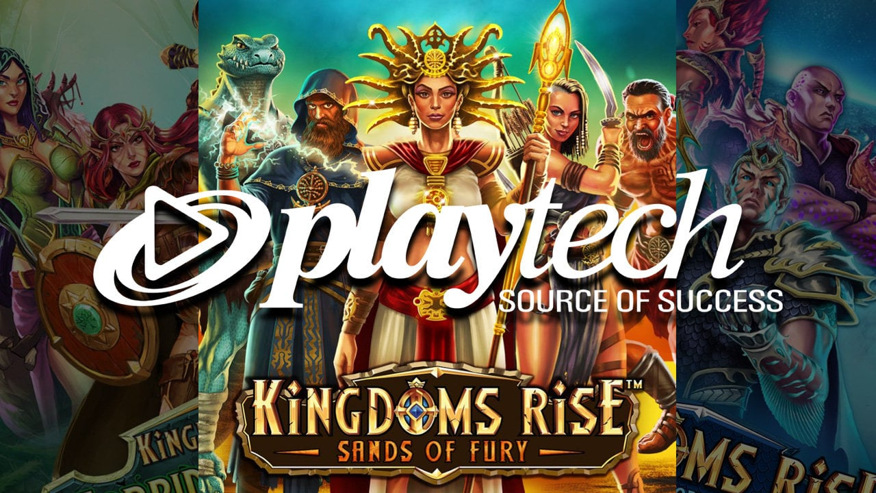 Logo PLAYTECH dengan latar belakang beberapa game populer seperti Age of the Gods dan Buffalo Blitz.