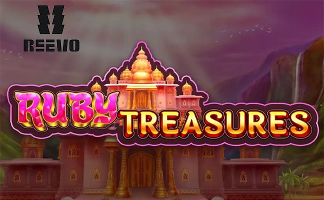 Gambar game slot Ruby Treasures oleh REEVO, menampilkan lanskap misterius dan penuh warna India sebagai latar belakang.