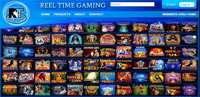Logo REEL TIME GAMING dan tampilan permainan slot populer.