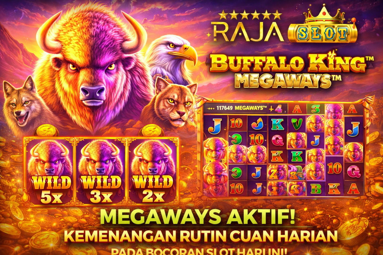 Tampilan Buffalo King Megaways dengan megaways aktif dan kemenangan rutin cuan harian pada bocoran slot hari ini