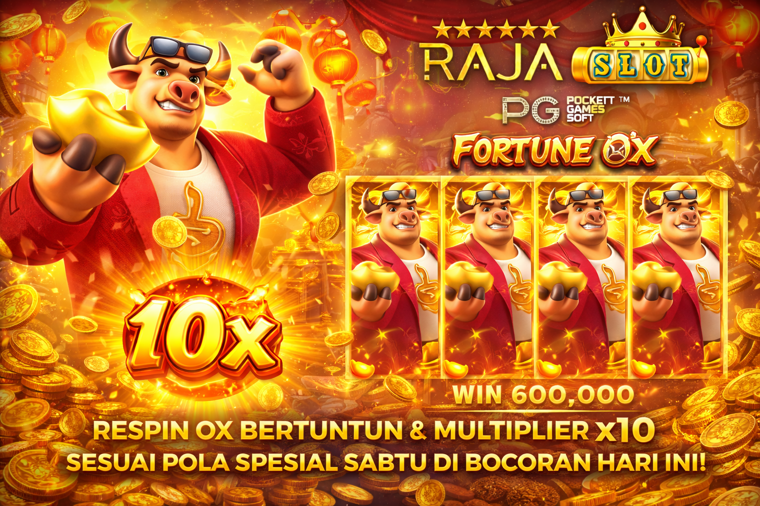 Screenshot Fortune Ox PG Soft menampilkan respin ox beruntun dan multiplier x10 sesuai pola spesial Sabtu di bocoran hari ini