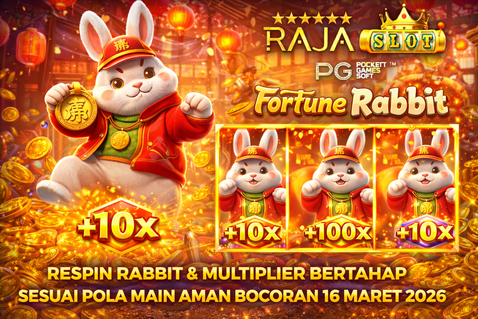 Screenshot Fortune Rabbit PG Soft menampilkan respin rabbit dan multiplier bertahap sesuai pola main aman bocoran 16 Maret 2026