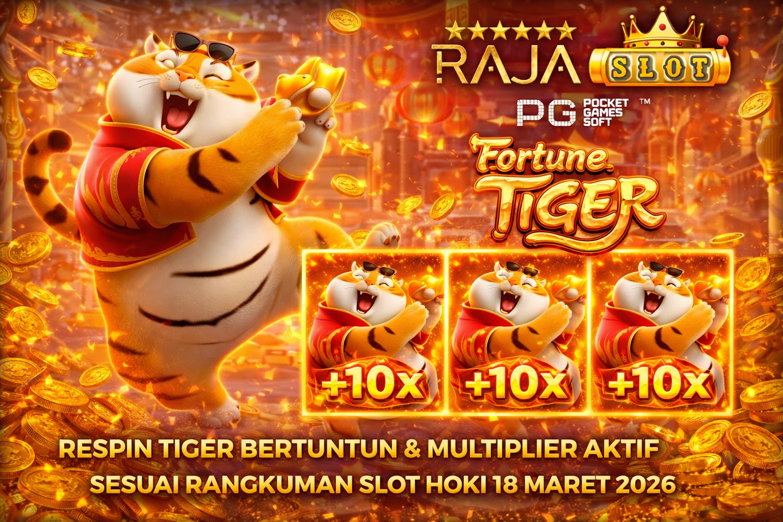 Screenshot Fortune Tiger PG Soft menampilkan respin tiger beruntun dan multiplier aktif sesuai rangkuman slot hoki 18 Maret 2026