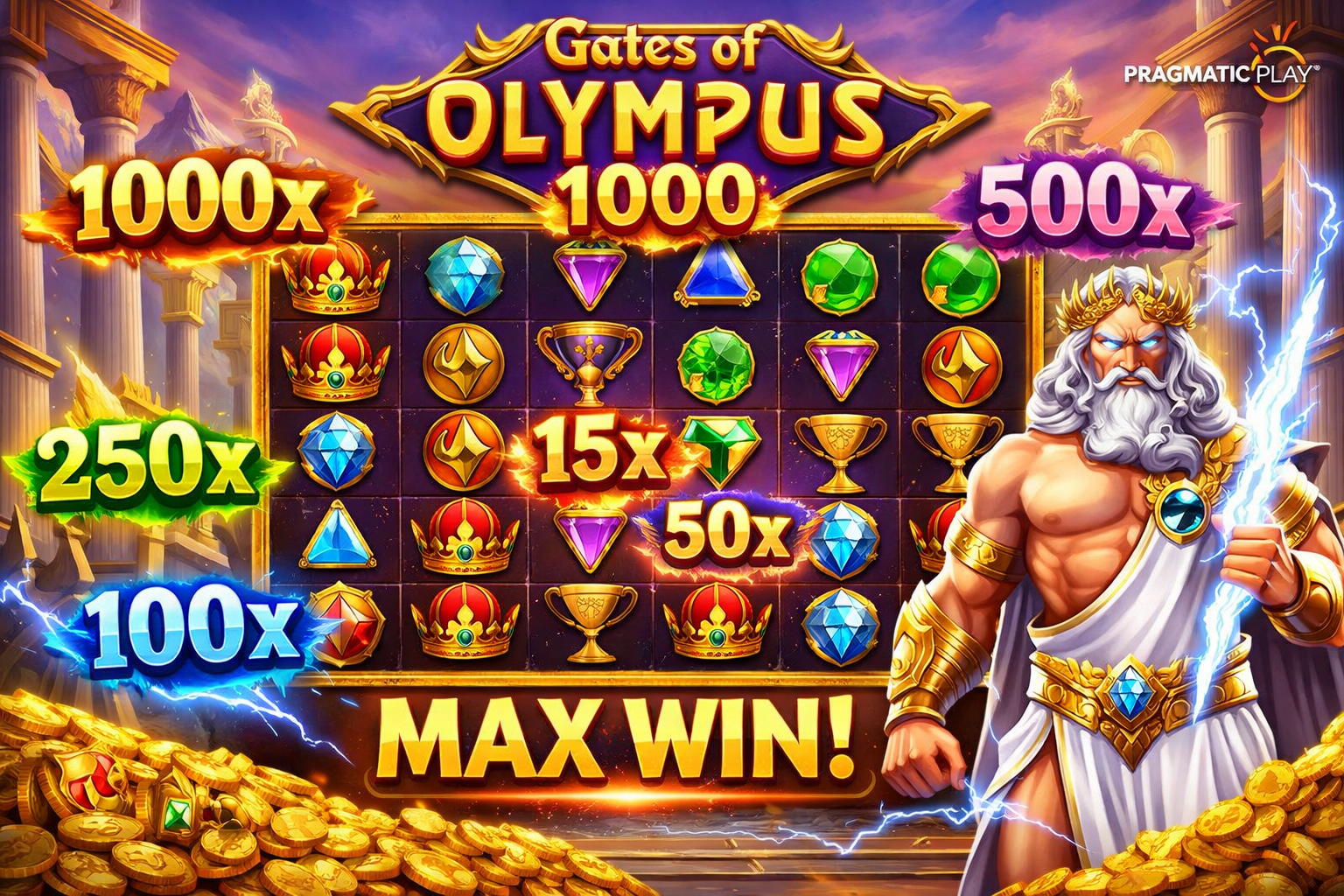 Tampilan Gates of Olympus 1000 Pragmatic Play dengan multiplier tinggi dan pola favorit maxwin pada bocoran slot hari ini