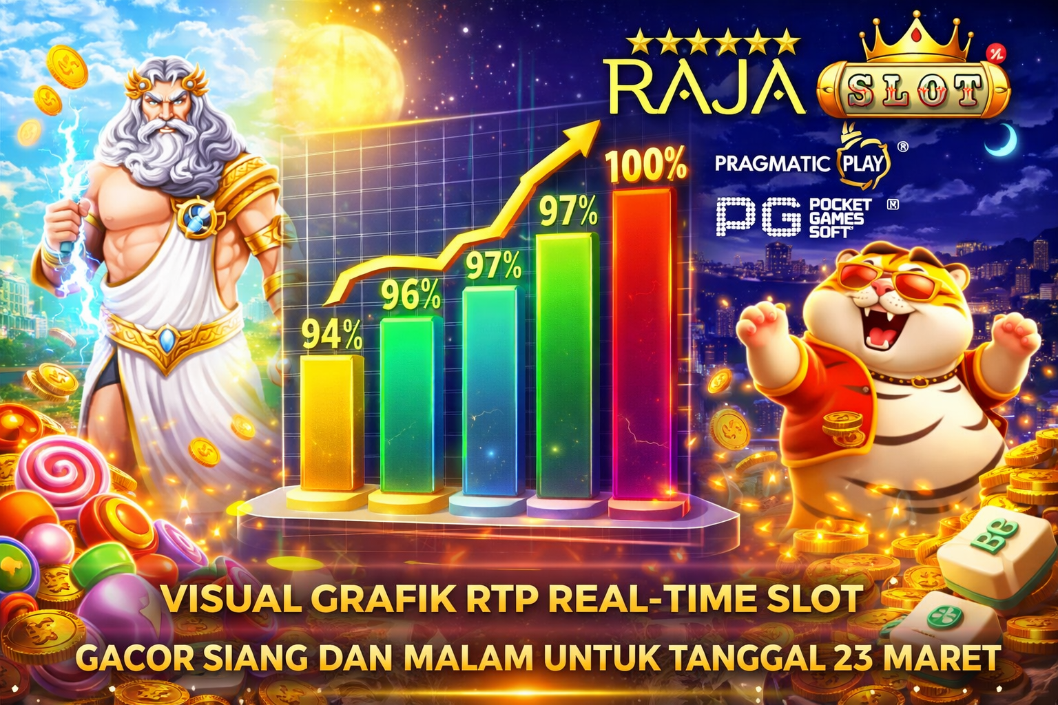 Visual grafik RTP real-time slot gacor siang dan malam untuk tanggal 23 Maret 2026 di platform RAJASLOT