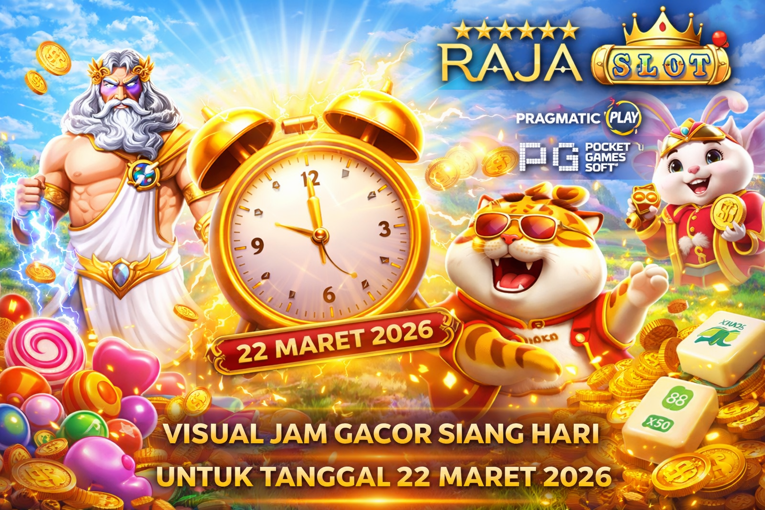 Visual jam gacor siang hari dengan elemen slot Pragmatic Play dan PG Soft untuk tanggal 22 Maret 2026