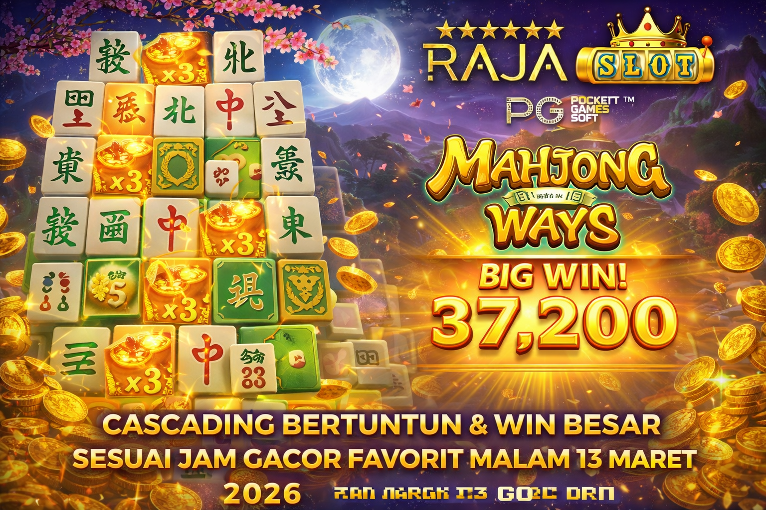 Screenshot Mahjong Ways PG Soft menampilkan cascading beruntun dan win besar sesuai jam gacor favorit malam 13 Maret 2026