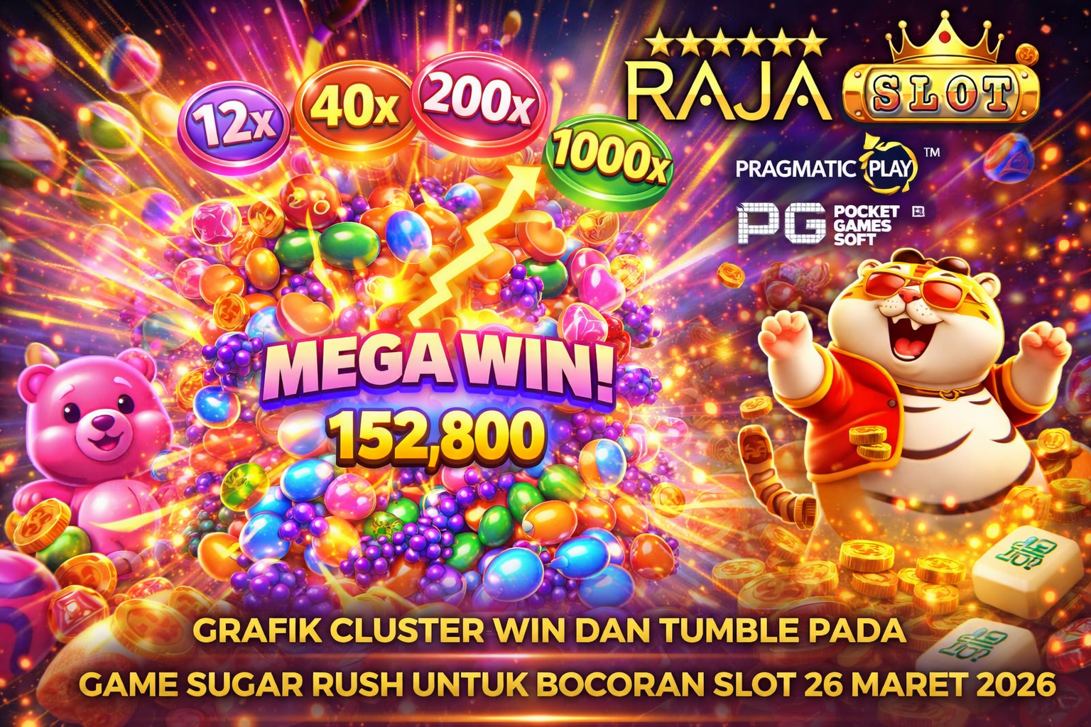 Grafik cluster win dan tumble pada game Sugar Rush untuk bocoran slot 26 Maret 2026 di RAJASLOT
