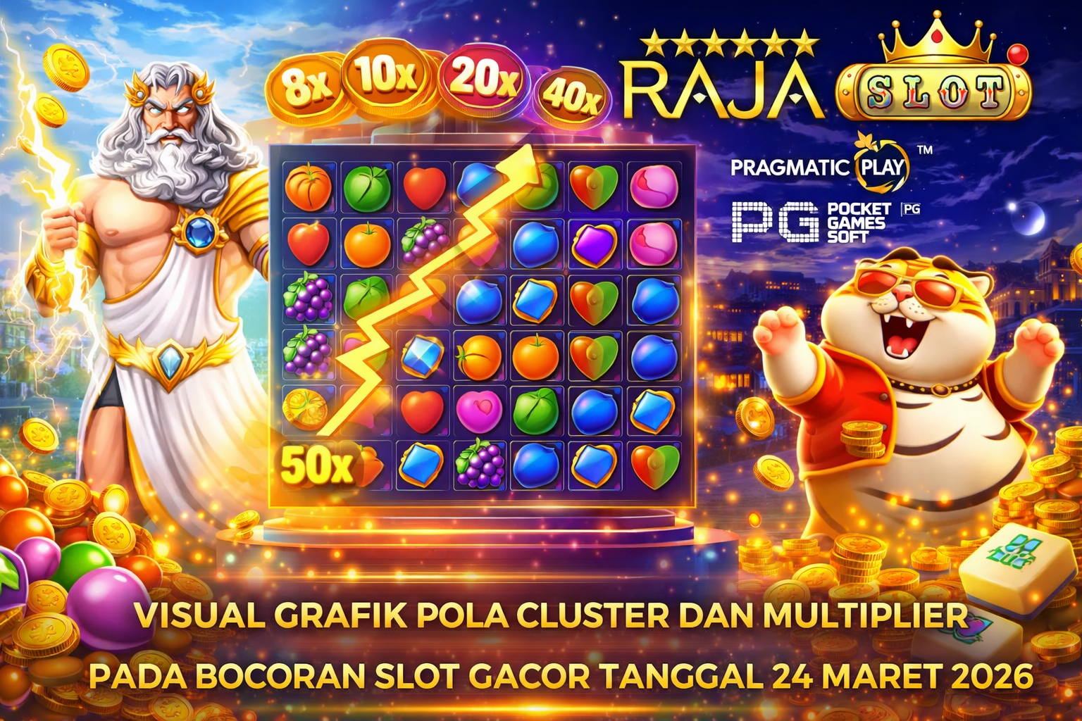 Visual grafik pola cluster dan multiplier pada bocoran slot gacor tanggal 24 Maret 2026 di RAJASLOT