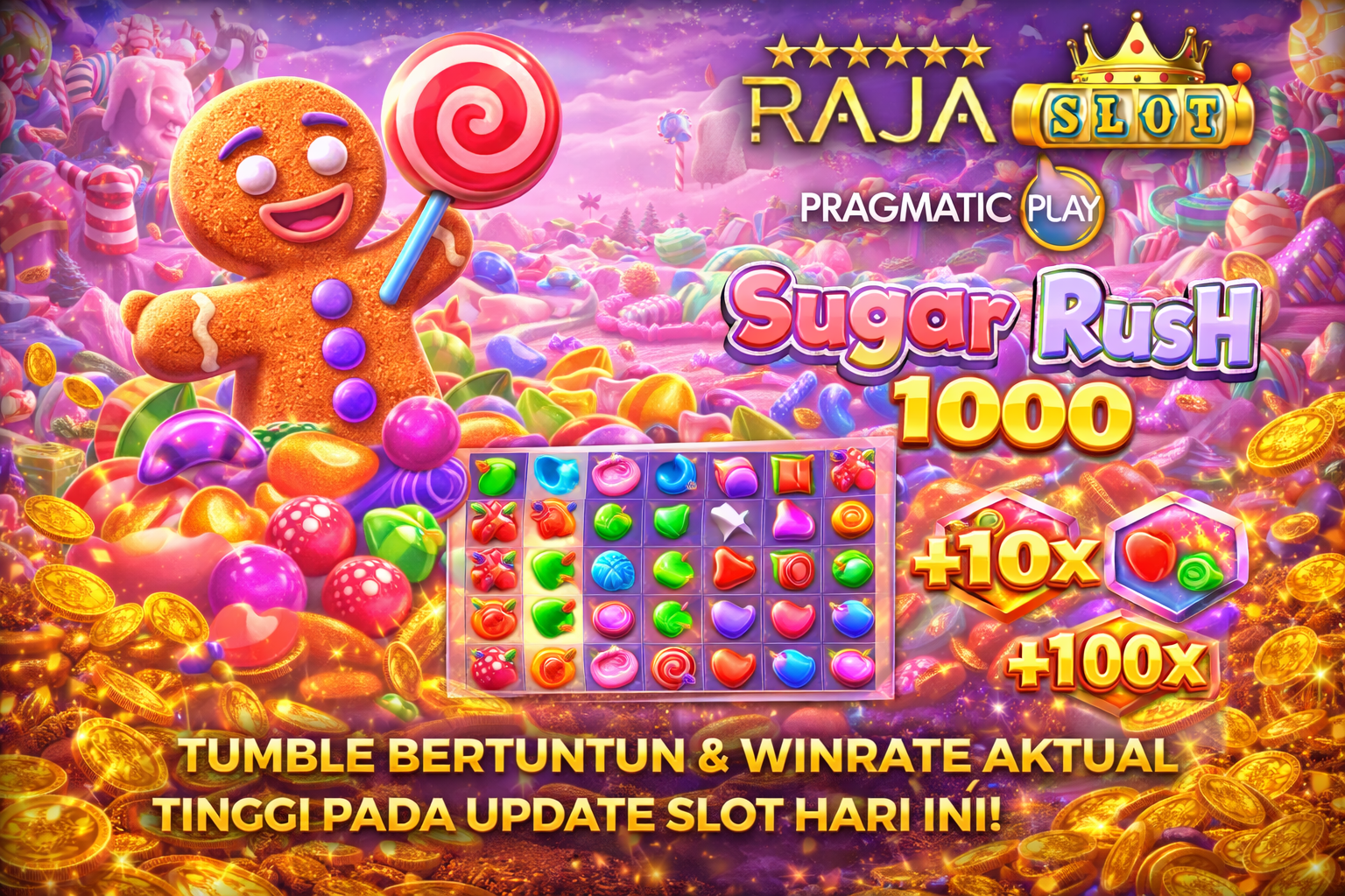 Tampilan Sugar Rush 1000 Pragmatic Play dengan tumble beruntun dan winrate aktual tinggi pada update slot hari ini
