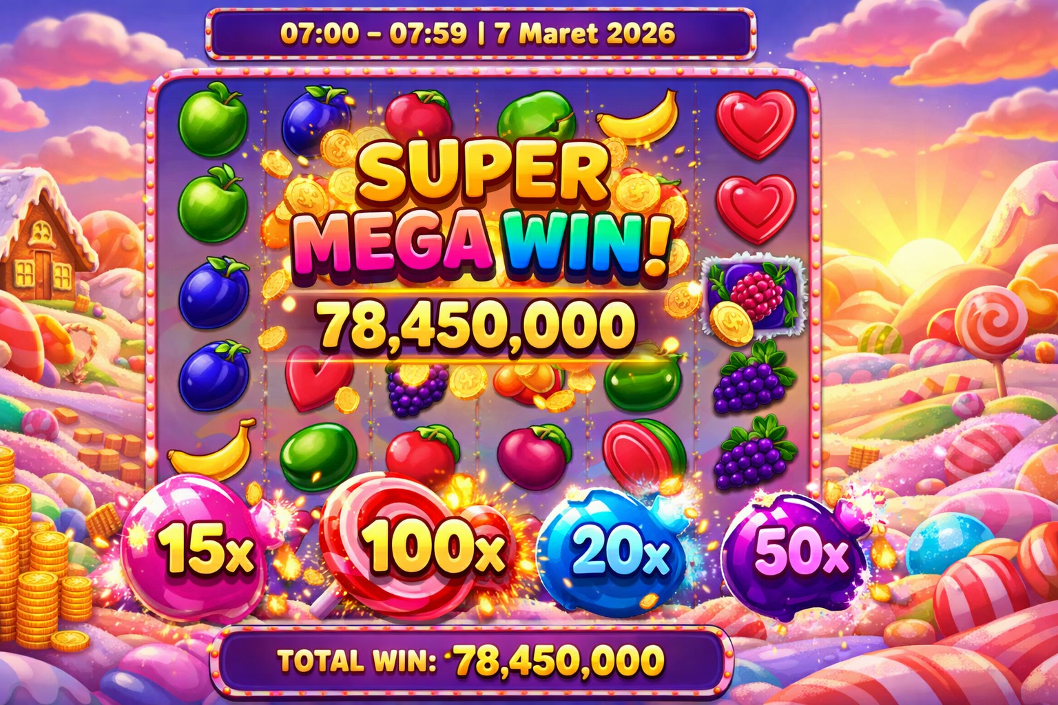 Tampilan Sweet Bonanza menampilkan cascading wins panjang dan bom gula di periode pagi sesuai bocoran jam 7 Maret 2026