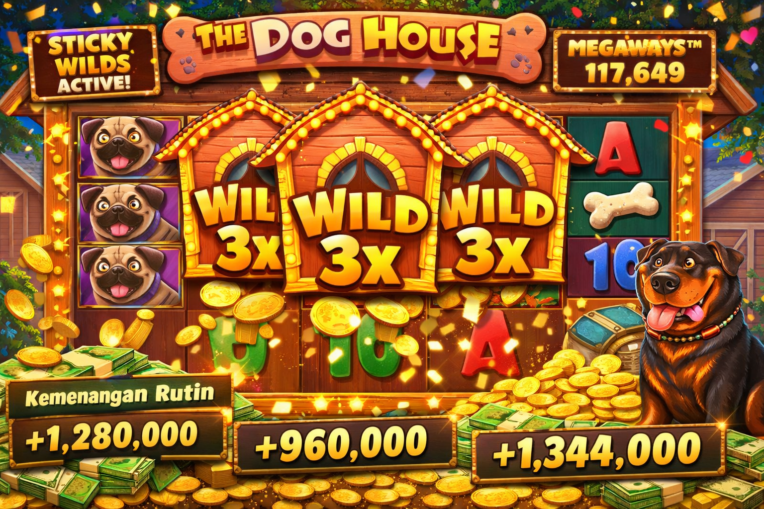 Tampilan The Dog House Megaways dengan sticky wilds aktif dan kemenangan rutin pada analisa slot stabil 8 Maret 2026