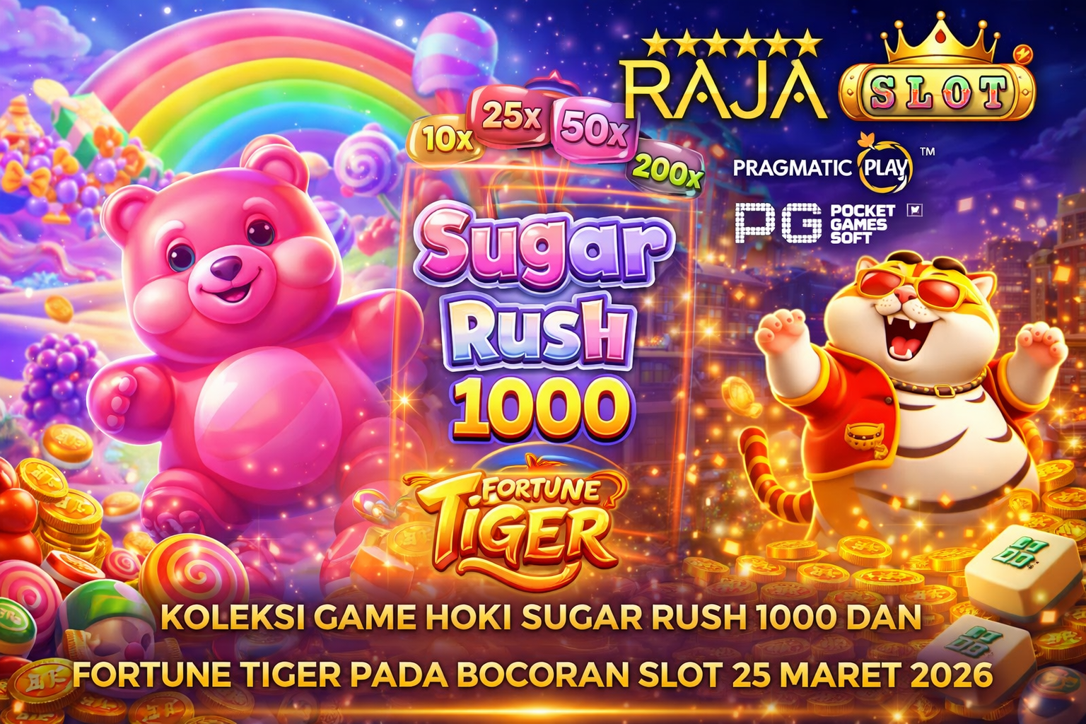 Visual koleksi game hoki Sugar Rush 1000 dan Fortune Tiger pada bocoran slot 25 Maret 2026 di RAJASLOT