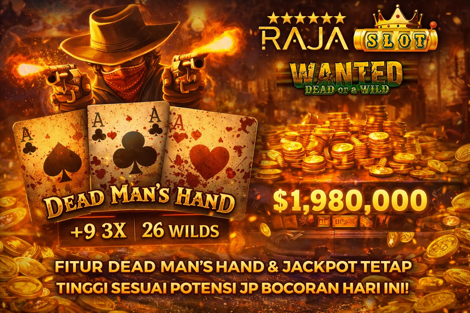 Screenshot Wanted Dead or a Wild menampilkan fitur dead man’s hand dan jackpot tetap tinggi sesuai potensi JP bocoran hari ini