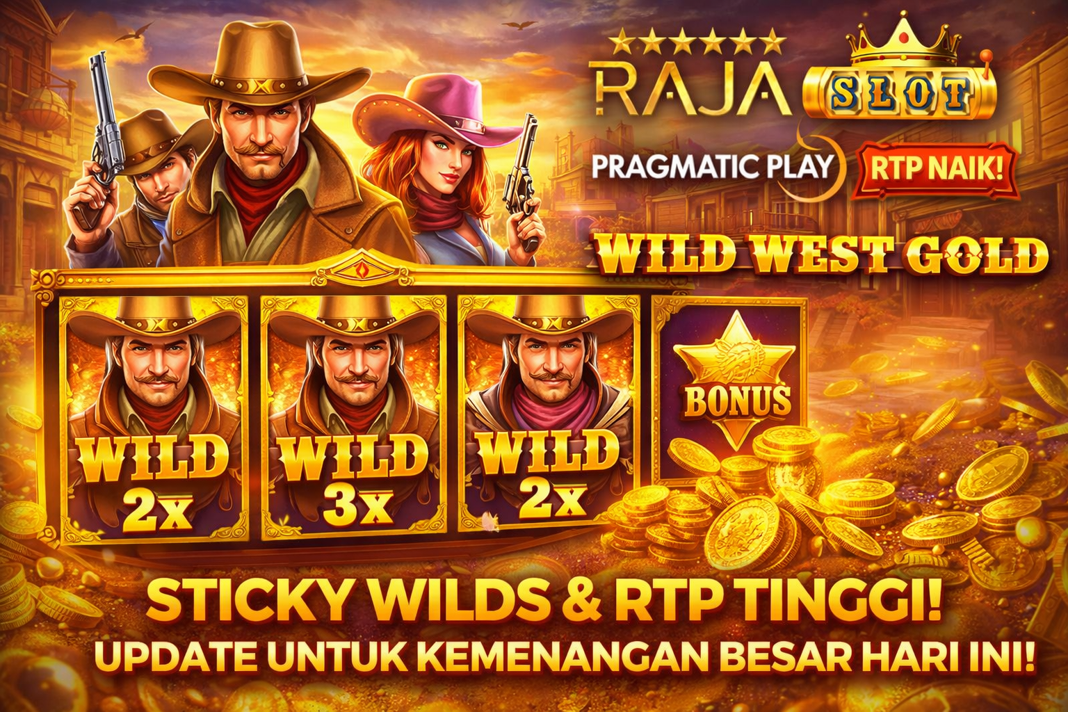 Tampilan Wild West Gold Pragmatic Play dengan sticky wilds dan RTP tinggi update naik untuk kemenangan besar hari ini